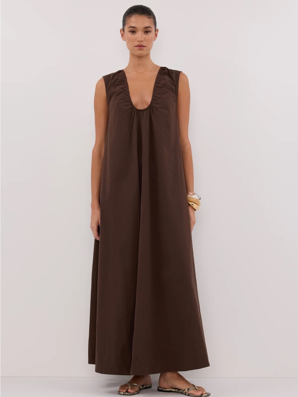 DISSH Gabby Chocolate Brown Sleeveless Maxi with Deep Scoop Neckline